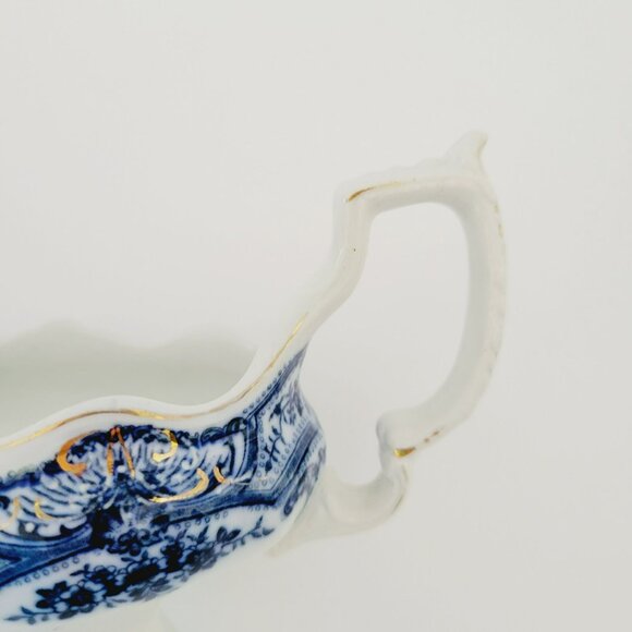J&G Meakin York Flow Blue Gravy Boat, Embossed, Gold Accents, Floral Swags - Picture 11 of 13
